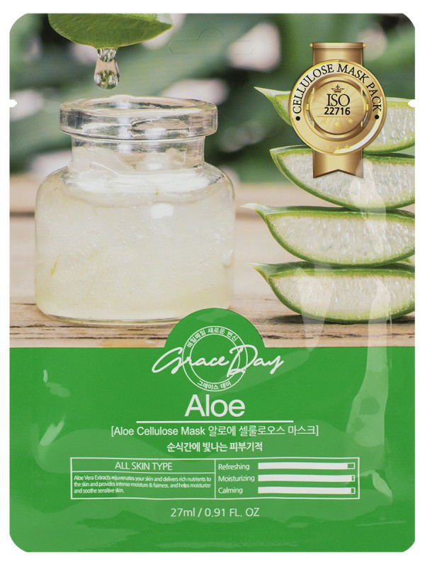 Тканевая маска с экстрактом алоэ Aloe Cellulose Mask 27мл от Grace Day + 1
