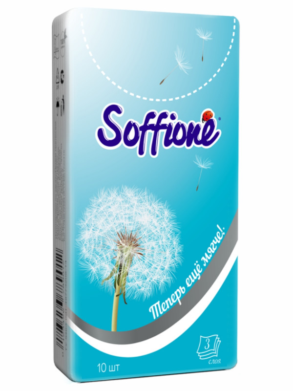 Платочки бумажные носовые трехслойные белые 1шт (10 платочков) от Soffione + 1