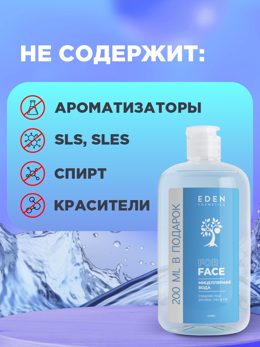 Мицеллярная вода Очищение + уход для лица, глаз и губ 600мл от EDEN + 4