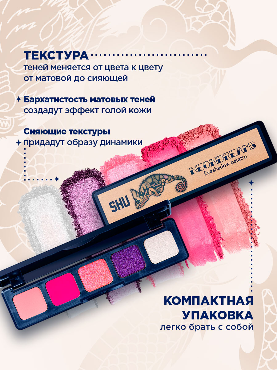 Палетка теней для век Neondreams, тон 161 розовое облако от SHU + 6